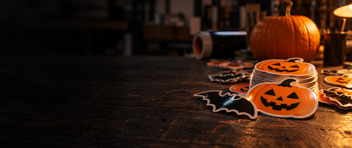 Autocollants prédécoupés à motifs de citrouille et de chauve-souris posés sur une planche de bois foncée, éclairés par une lampe chaude.