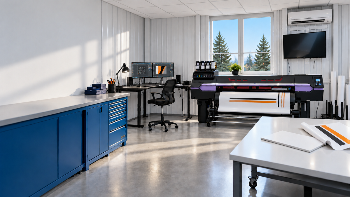 Illustration de l’atelier : imprimante, matériaux et bureau d’angle avec deux écrans.