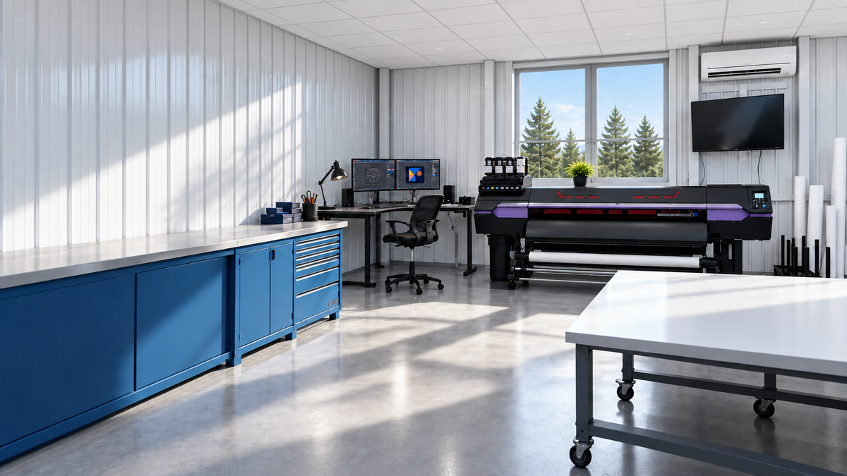 Workshop illustration: printer, materials and corner desk with two monitors.