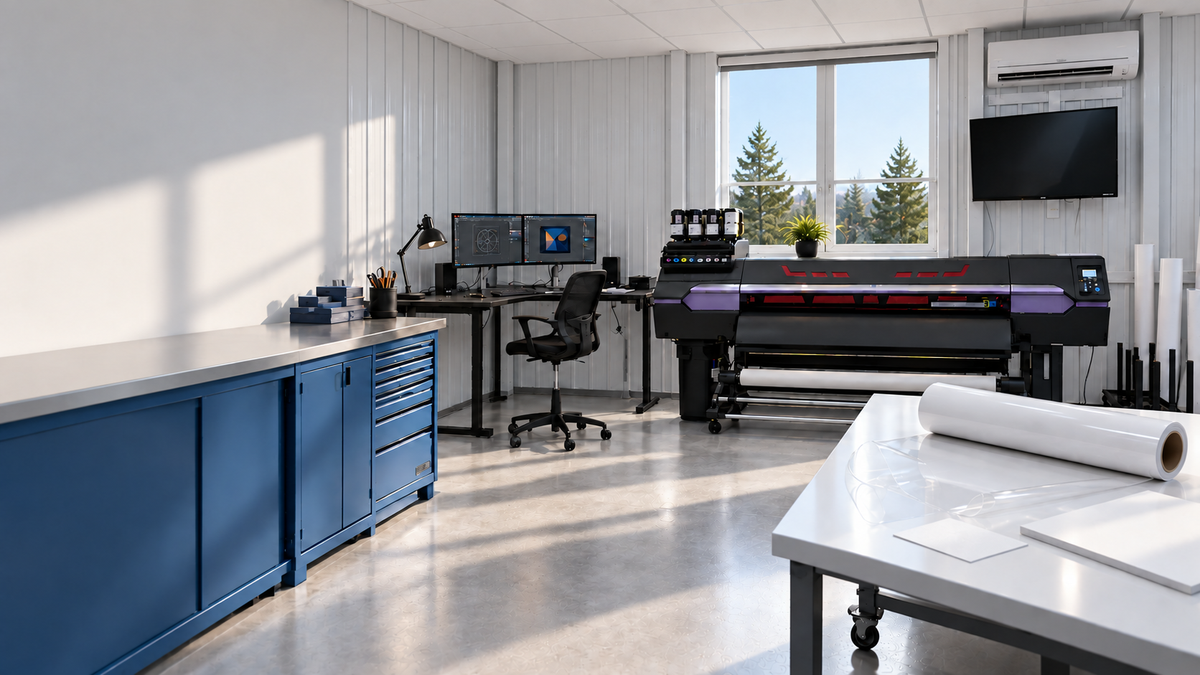 Illustration de l’atelier : imprimante, matériaux et bureau d’angle avec deux écrans.